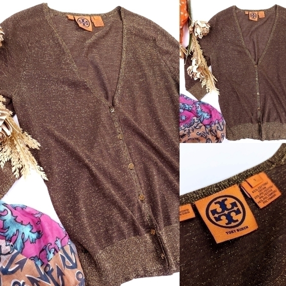Tory Burch Brown Gold Shimmer Thin Sweater Sz S - Picture 1 of 13